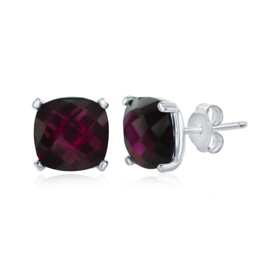 Faceted Cushion Cut Rhodolite Garnet Stud Earrings