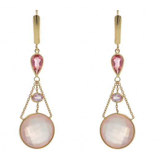 Harry Winston Inspired Rose Quartz, Pink Sapphire and Pink Tourmaline Drop Earrings in 14K Yellow Gold