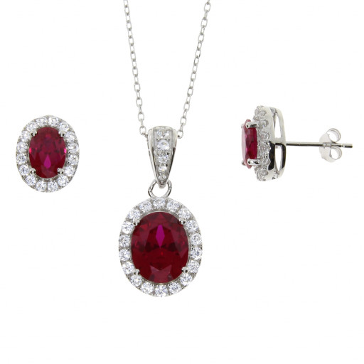 Princess Diana Inspired Created Oval Ruby Earrings & Pendant Set Ring in Italian Sterling Silver