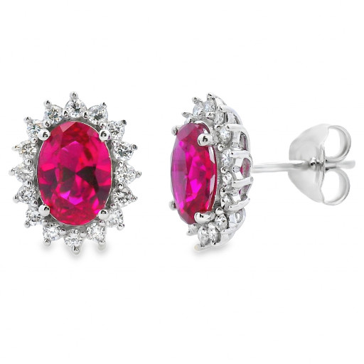 Princess Diana Inspired Ruby & Diamond Halo Stud Earrings in 14K White Gold