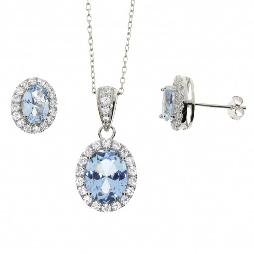 Princess Diana Inspired Oval Aquamarine Earrings & Pendant Set Ring in Italian Sterling Silver