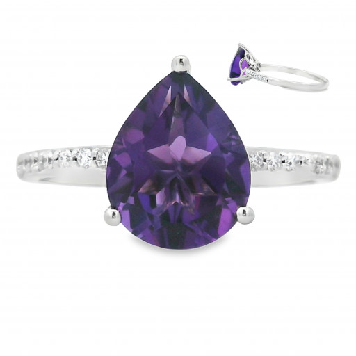 Teardrop Amethyst & Diamond Ring in 14K White Gold