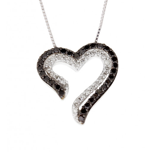 Cartier Style Black & White Diamond Heart Pendant With Chain in 10K White Gold .75 ct TDW