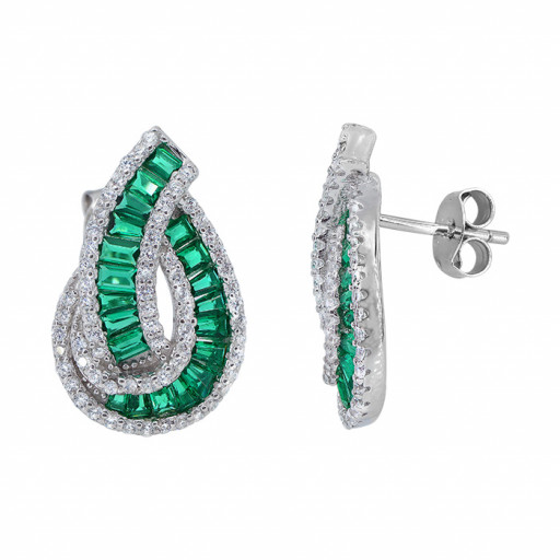 Cartier Inspired Green Baguette & Round Cubic Zirconia Swarovski Cubic Zirconia Drop Earrings in Italian Sterling Silver
