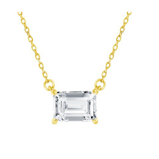 Four Claw Emerald Cut East-West Swarovski Cubic Zirconia Necklace in Yellow Gold Plated Italian Sterling Silver