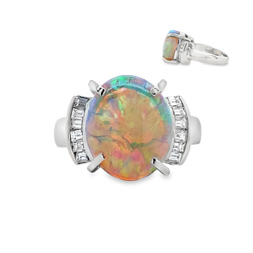 Harry Winston Inspired Multi Hue Opal & Diamond Baguette Ring in Platinum