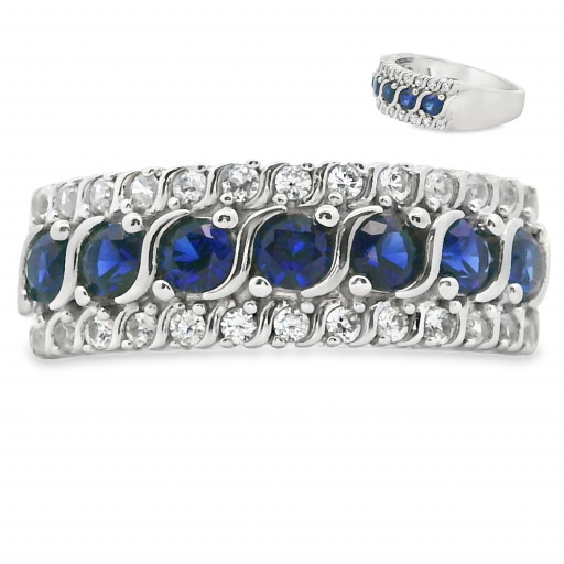 Round Blue & White Sapphire Ring in Italian Sterling Silver