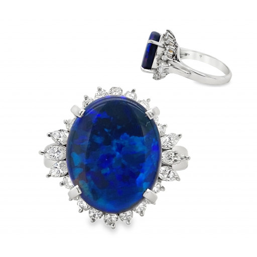 Harry Winston Inspired Black Opal & Diamond Baguette Halo Ring in Platinum