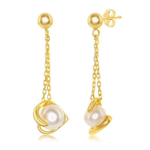 Mikimoto Inspired Freshwater Cultured Pearl Drop Earrings in Yellow Gold Plated Italian Sterling Silver