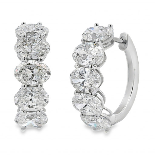 East-West Shared Claw Oval Diamond Hoop Earrings in 14K White Gold