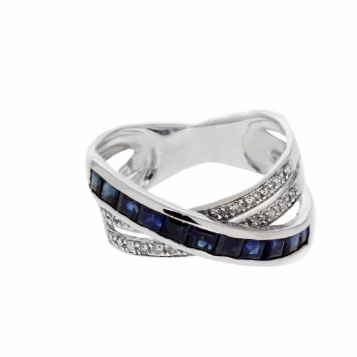 Cartier Style Princess Cut Blue Sapphire & Round Diamond Ring in 10K White Gold .85 ct TW
