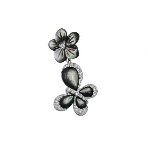 Gucci Inspired Black Abalone Mother of Pearl Floral Drop Pendant in Italian Sterling Silver