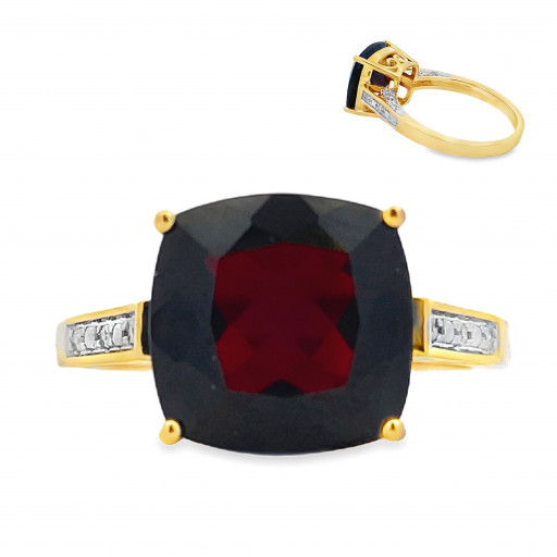 Harry Winston Inspired Cushion Cut Garnet & Diamond Ring in 10K Yellow Gold