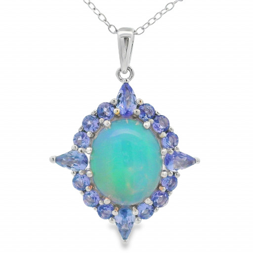 Ethiopian Opal & Tanzanite Halo Pendant in Italian Sterling Silver