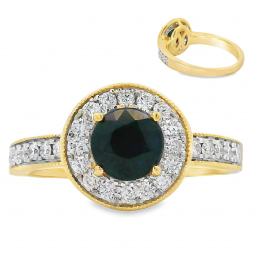Harry Winston Inspired Blue Sapphire & Diamond Halo Ring in 10K Yellow Gold