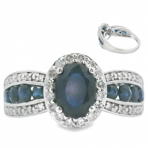 Harry Winston Inspired Blue Sapphire & Diamond Ring in 10K White Gold