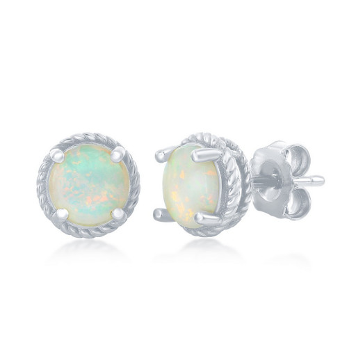 Tacori Inspired Round White Opal Rope Design Border Stud Earrings in Italian Sterling Silver