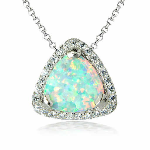 Trillion Cut White Opal Halo Pendant in Italian Sterling Silver