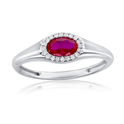 East-West Oval Shaped Ruby & Diamond Halo Ring in Italian Sterling Silver