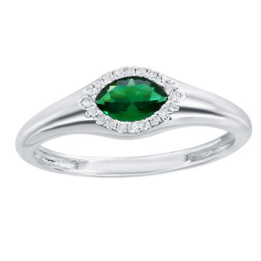 East-West Marquise Shaped Green Emerald & Diamond Halo Ring in Italian Sterling Silver