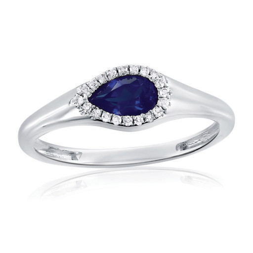 East-West Pear Shaped Blue Sapphire & Diamond Halo Ring in Italian Sterling Silver