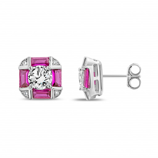 Versace Inspired Simulated Ruby & Swarovski Cubic Zirconia Cut Corner Stud Earrings in Italian Sterling Silver