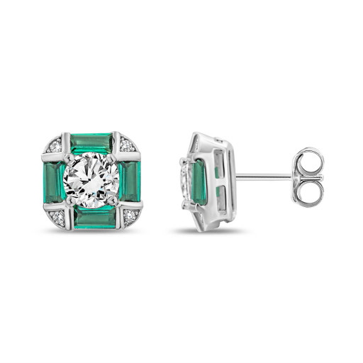 Versace Inspired Simulated Emerald & Swarovski Cubic Zirconia Cut Corner Stud Earrings in Italian Sterling Silver