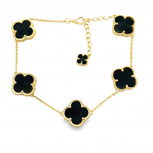 Van Cleef Inspired Black Onyx Bracelet in Yellow Gold Plated Italian Sterling Silver