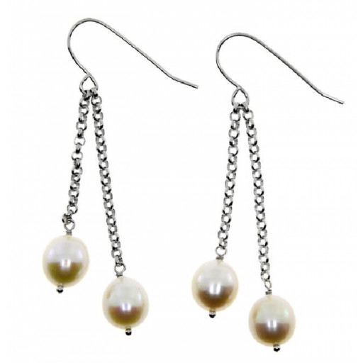 Chandelier Style White Freshwater Cultured Pearl Earrings in White Gold Plated Sterling Silver