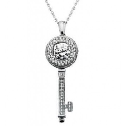 Chopard Style Dancing Cubic Zirconia Key to My Heart Pendant With Chain in Italian Sterling Silver