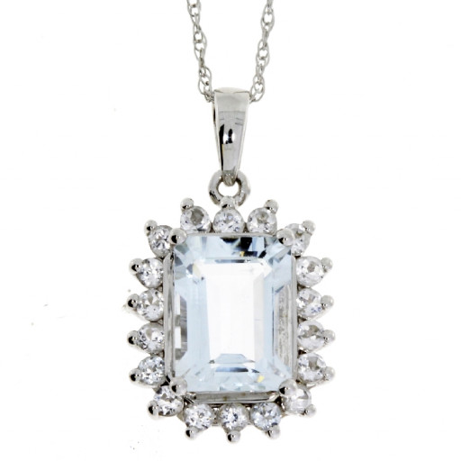 Emerald Cut Aquamarine & White Sapphire Pendant With Chain in 10K White Gold. 1.50 TW